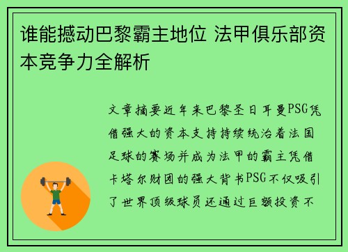 谁能撼动巴黎霸主地位 法甲俱乐部资本竞争力全解析