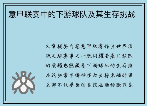 意甲联赛中的下游球队及其生存挑战