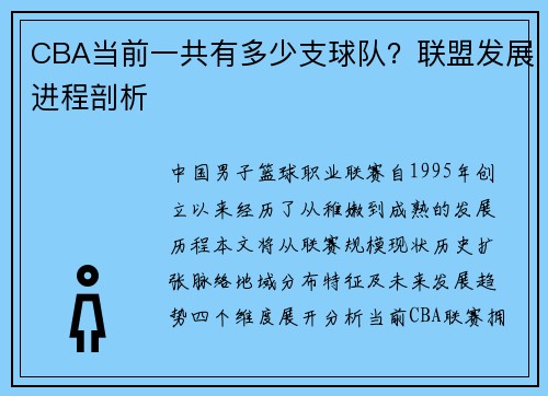 CBA当前一共有多少支球队？联盟发展进程剖析