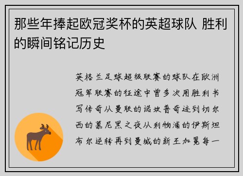 那些年捧起欧冠奖杯的英超球队 胜利的瞬间铭记历史